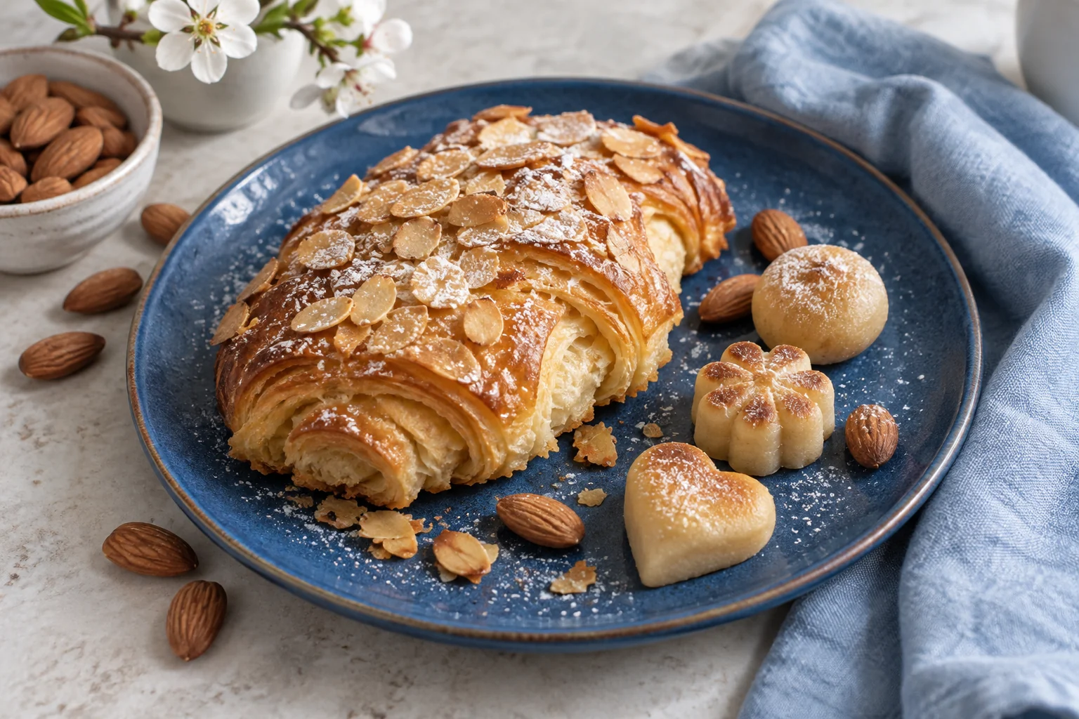 Almond pastry, marzipan shapes and whole almonds on a cobalt plate