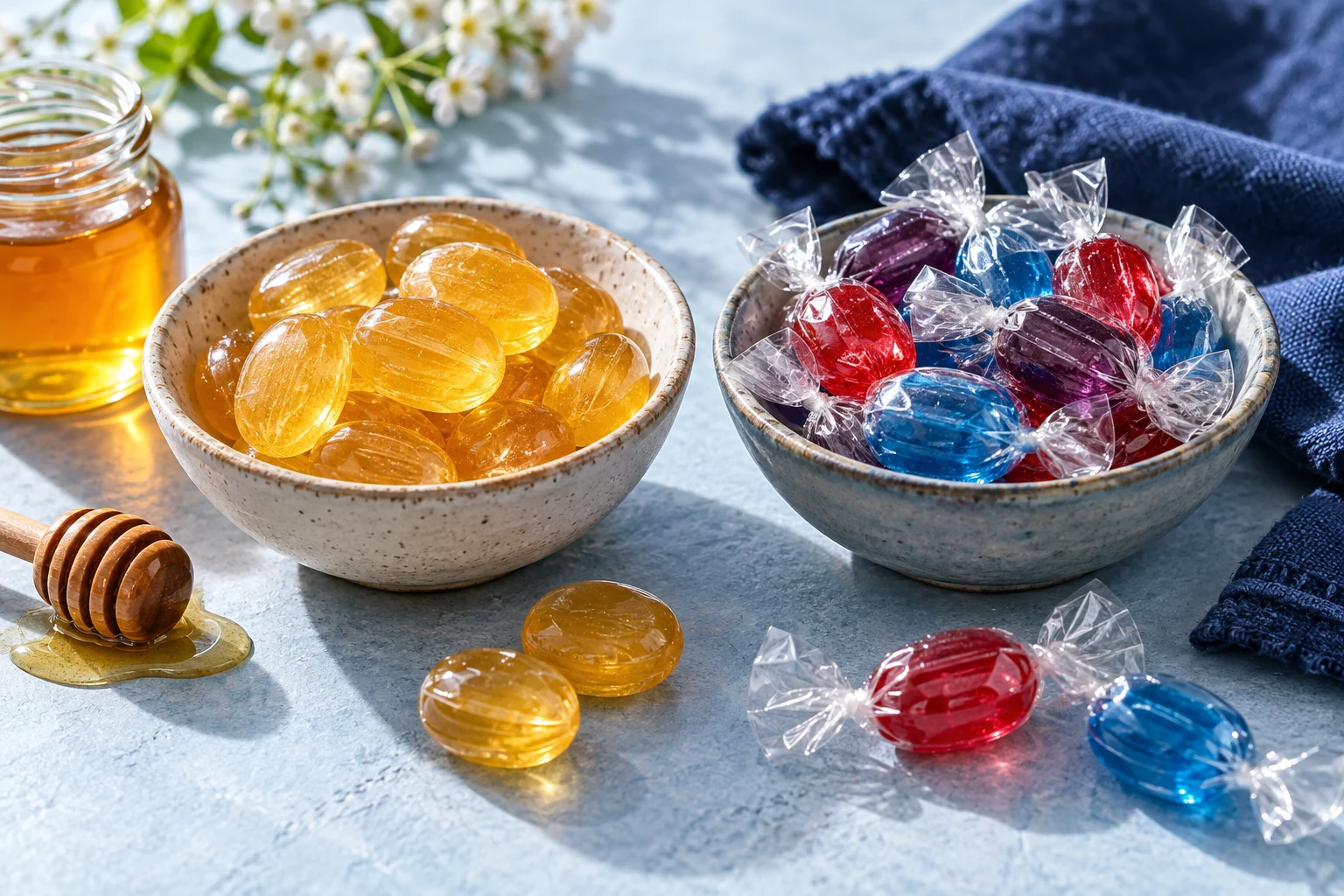 Illustrative honey-colored drops and wrapped fruit candies in ceramic bowls