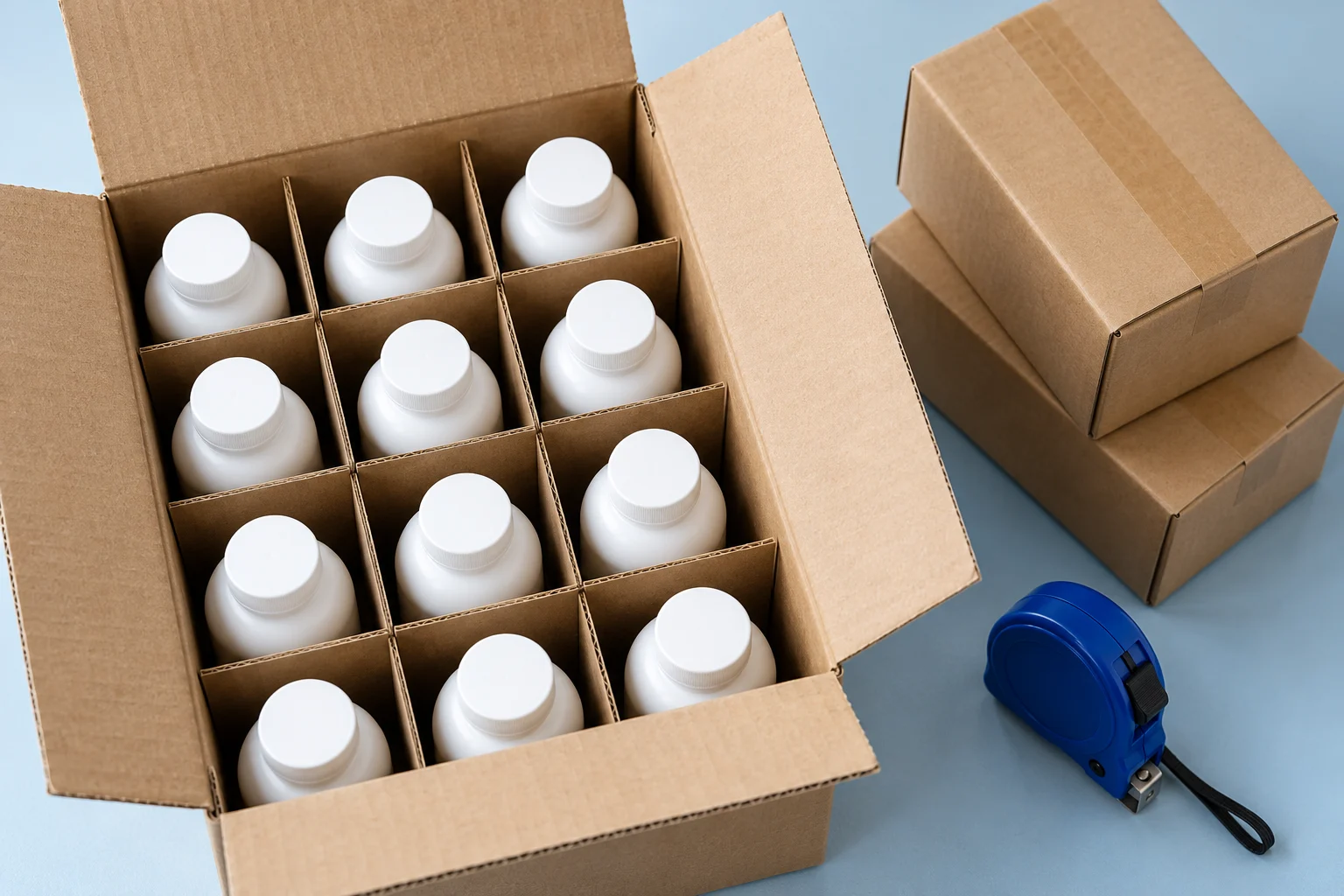 Twelve bottles organized in a divided shipping case beside sealed cartons