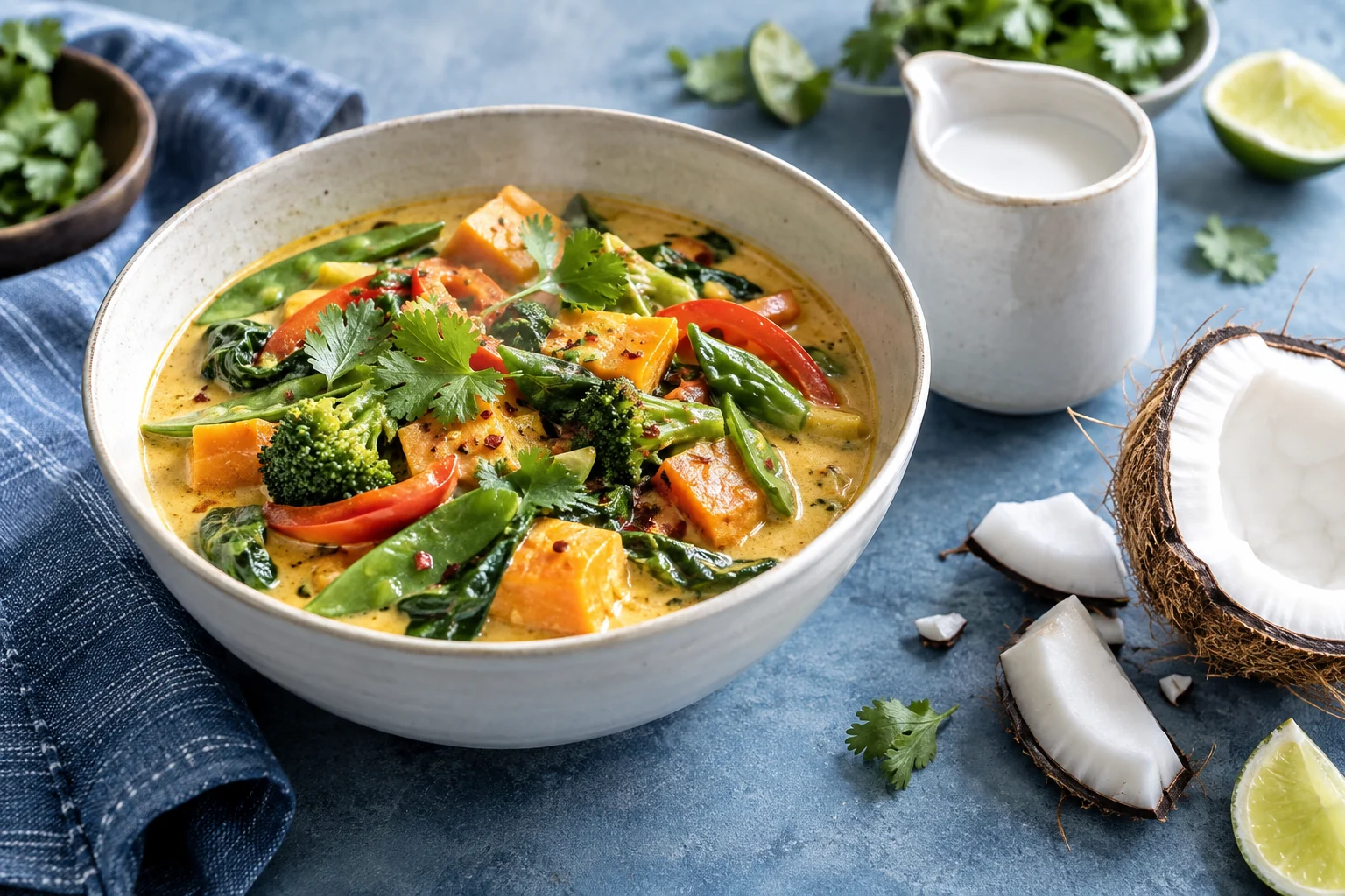 Vegetable coconut curry with coconut milk and a cut coconut