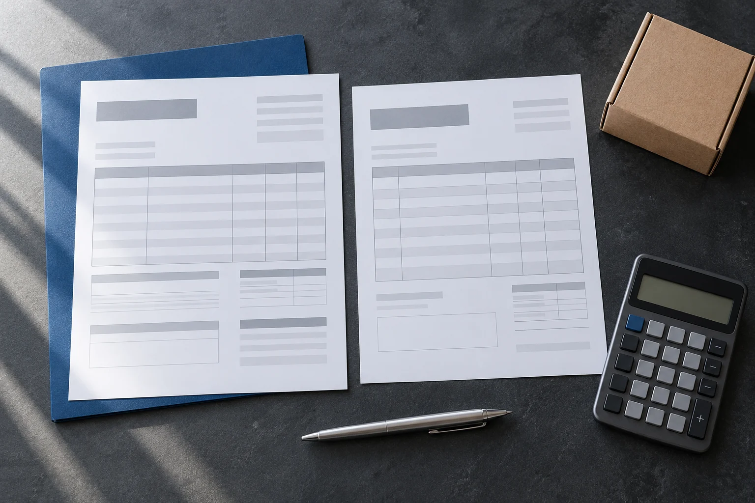 Supplier quotation sheets, calculator and a cobalt folder on a charcoal desk