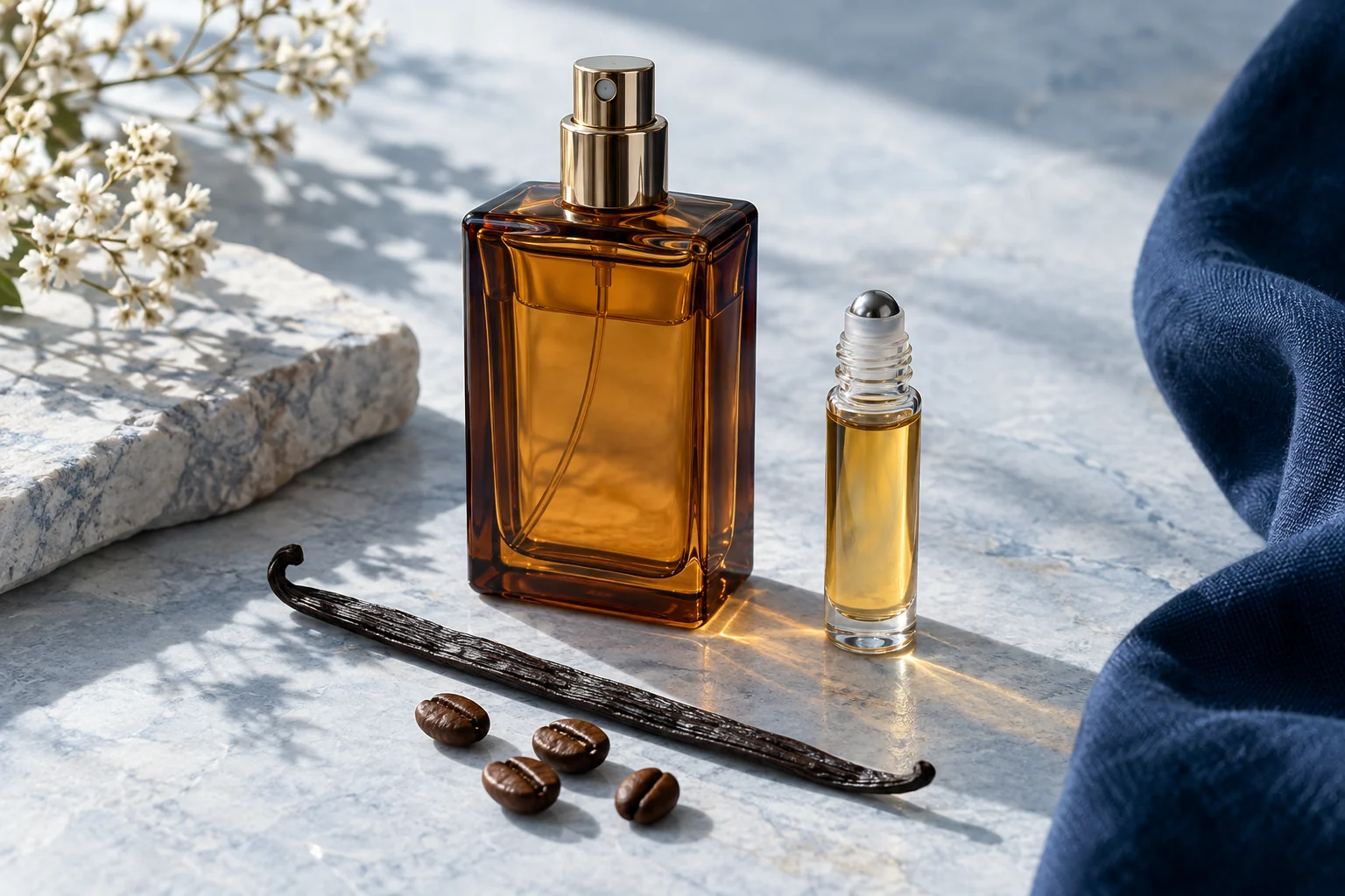 Amber perfume spray and a roll-on bottle with coffee beans and vanilla