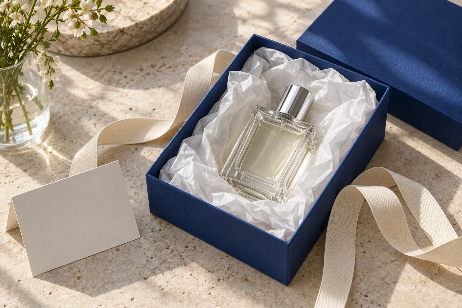 Unbranded perfume bottle nestled in a blue gift box with ribbon