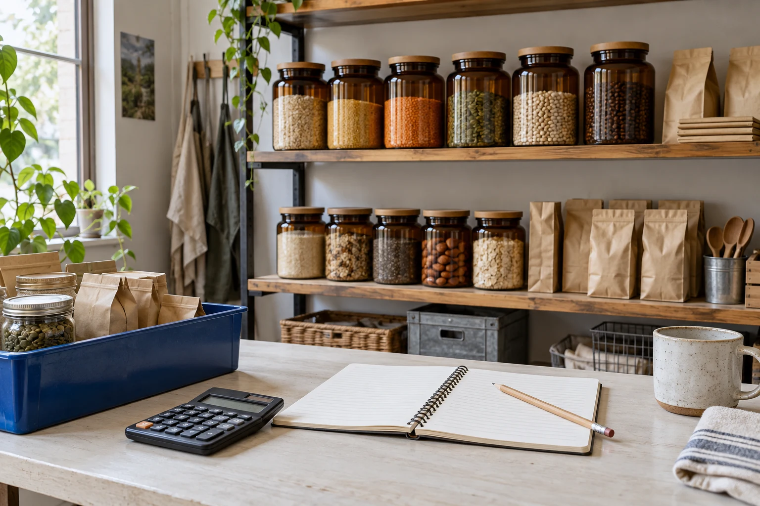 Stock planning notebook and calculator beside shelves of pantry goods