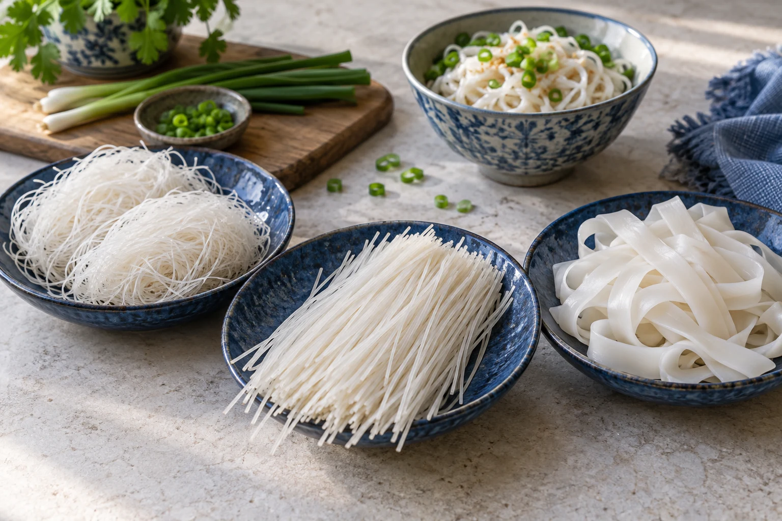 Different widths of rice noodles in blue ceramic dishes