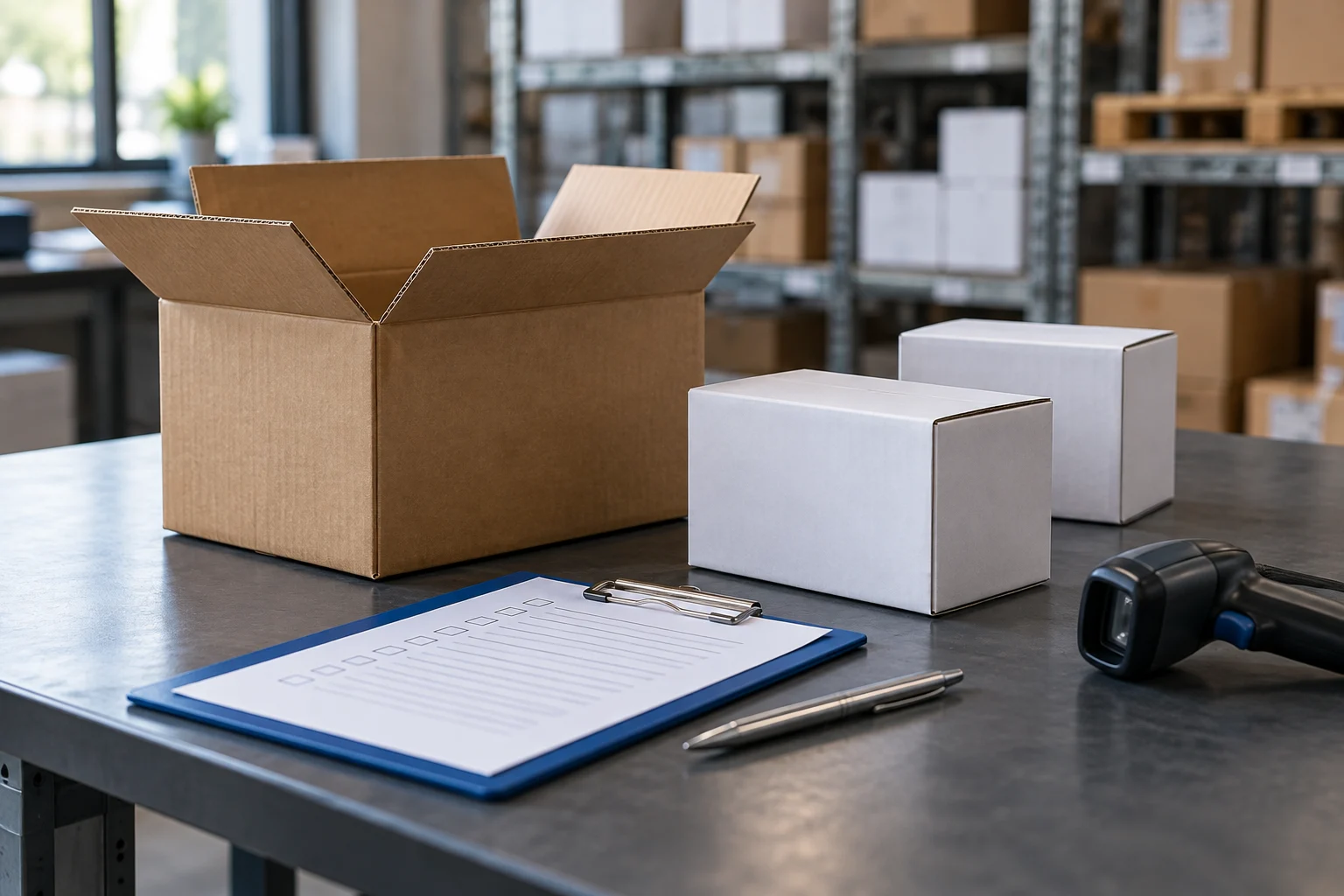 Sample shipment inspection with an open carton, cobalt clipboard and barcode scanner