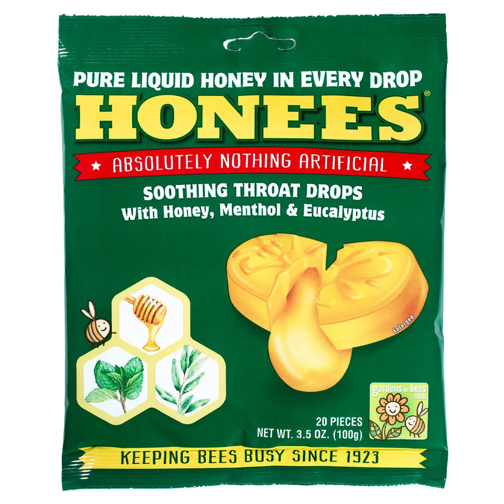 Honees Honey Menthol Eucalyptus Drops — 20 drops · 3.5 oz (99 g) · single bag